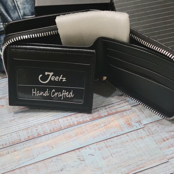 Zipper Wallet for Men Faux Leather Zip Around Black Purse Bifold In Gift Box. - Picture 6 of 6